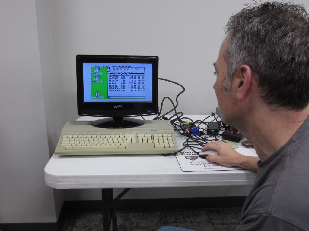 Chris is demonstrating the crisp S-Video output of a new sub $20 conversion device on his Atari 1040ST.
